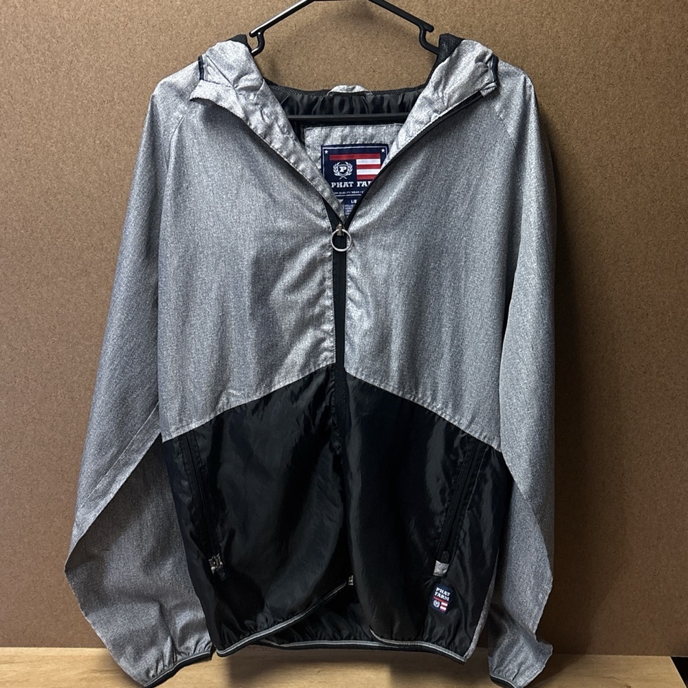 🖤✨ PHAT FARM Metallic Silver Black Hooded Windbreaker Jacket Full Zip L ✨🖤 - Picture 2 of 5